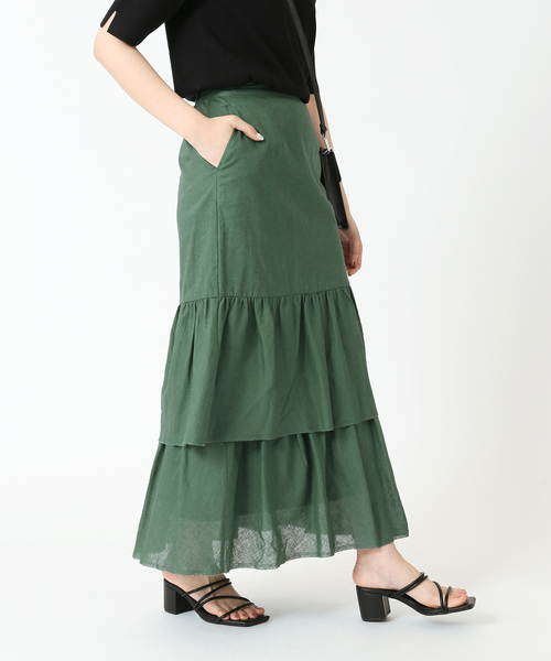 B.C STOCK（ベーセーストック）の「コットンリネン ティアードフリルスカート（スカート・レディース・ホワイト/ブラック/グリーン・FREE）」の3枚目の写真