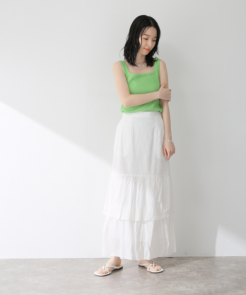 B.C STOCK（ベーセーストック）の「コットンリネン ティアードフリルスカート（スカート・レディース・ホワイト/ブラック/グリーン・FREE）」の5枚目の写真