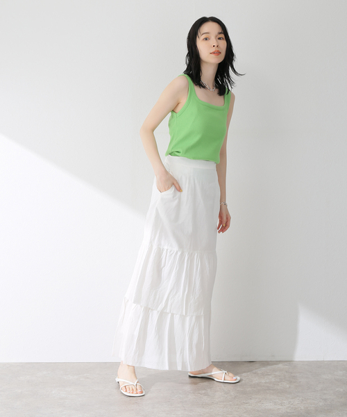 B.C STOCK（ベーセーストック）の「コットンリネン ティアードフリルスカート（スカート・レディース・ホワイト/ブラック/グリーン・FREE）」の6枚目の写真