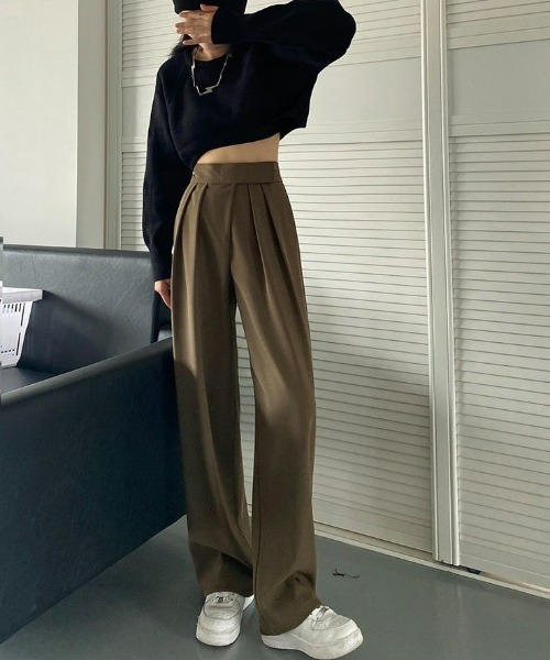 LAC-VERT（ラック・ヴェール）の「マジックテープハイウエストワイドパンツ（スラックス・レディース・ブラック/カーキ・M/L）」の2枚目の写真