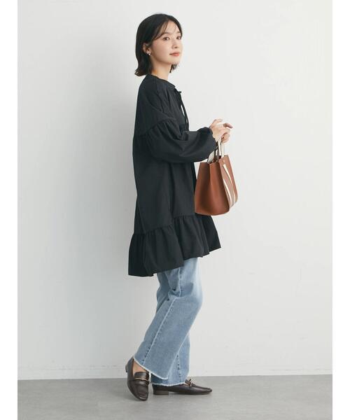 Green　Parks（グリーンパークス）の「前リボン切替ギャザーチュニック（シャツ/ブラウス・レディース・ブラック/オフホワイト・FREE）」の6枚目の写真