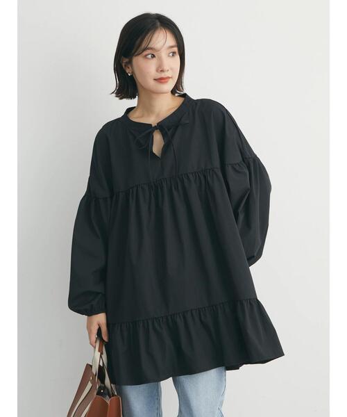 Green　Parks（グリーンパークス）の「前リボン切替ギャザーチュニック（シャツ/ブラウス・レディース・ブラック/オフホワイト・FREE）」の11枚目の写真
