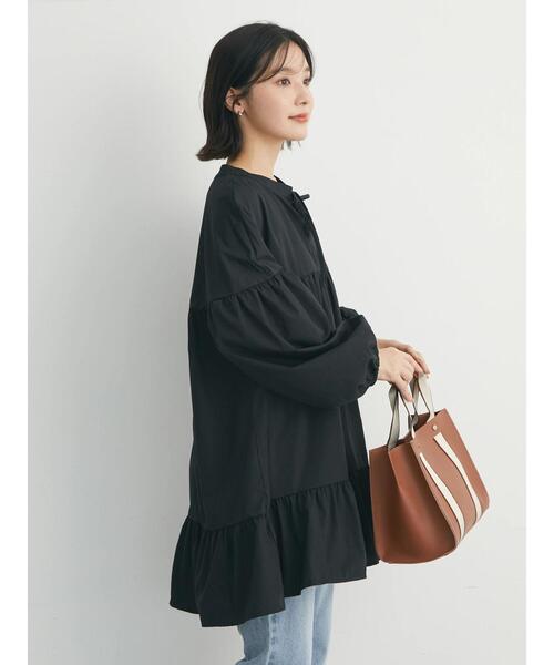 Green　Parks（グリーンパークス）の「前リボン切替ギャザーチュニック（シャツ/ブラウス・レディース・ブラック/オフホワイト・FREE）」の19枚目の写真