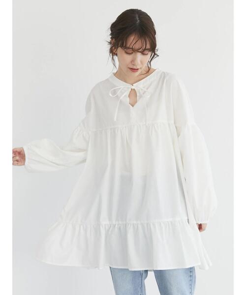 Green　Parks（グリーンパークス）の「前リボン切替ギャザーチュニック（シャツ/ブラウス・レディース・ブラック/オフホワイト・FREE）」の7枚目の写真