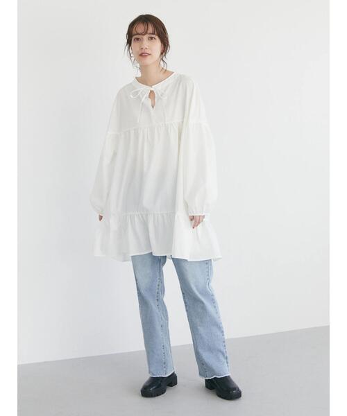 Green　Parks（グリーンパークス）の「前リボン切替ギャザーチュニック（シャツ/ブラウス・レディース・ブラック/オフホワイト・FREE）」の12枚目の写真