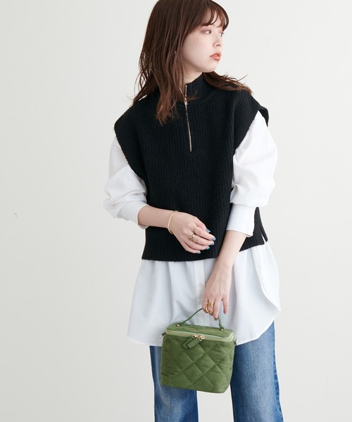 natural couture（ナチュラルクチュール）の「こなれたレイヤードスタイルに◎ハイネックハーフジップニットベスト（ベスト・レディース・ブラック/ベージュ/オフホワイト・FREE）」の5枚目の写真