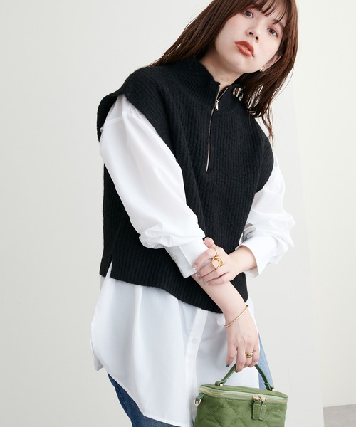 natural couture（ナチュラルクチュール）の「こなれたレイヤードスタイルに◎ハイネックハーフジップニットベスト（ベスト・レディース・ブラック/ベージュ/オフホワイト・FREE）」の13枚目の写真