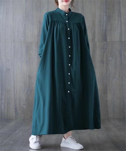 FREE STYLISTS（フリー スタイリスト）の「バンドカラーマキシ丈シャツワンピース（シャツワンピース・レディース・ブラック/グレー/ブラウン/ベージュ/ダークグリーン/ネイビー/ボルドー/ブルー・FREE）」の5枚目の写真