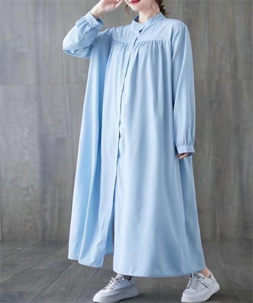 FREE STYLISTS（フリー スタイリスト）の「バンドカラーマキシ丈シャツワンピース（シャツワンピース・レディース・ブラック/グレー/ブラウン/ベージュ/ダークグリーン/ネイビー/ボルドー/ブルー・FREE）」の10枚目の写真