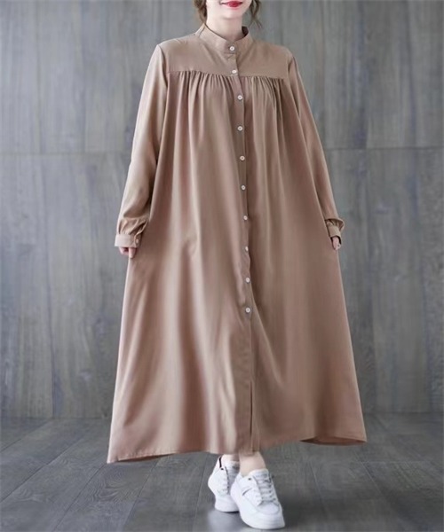 FREE STYLISTS（フリー スタイリスト）の「バンドカラーマキシ丈シャツワンピース（シャツワンピース・レディース・ブラック/グレー/ブラウン/ベージュ/ダークグリーン/ネイビー/ボルドー/ブルー・FREE）」の12枚目の写真