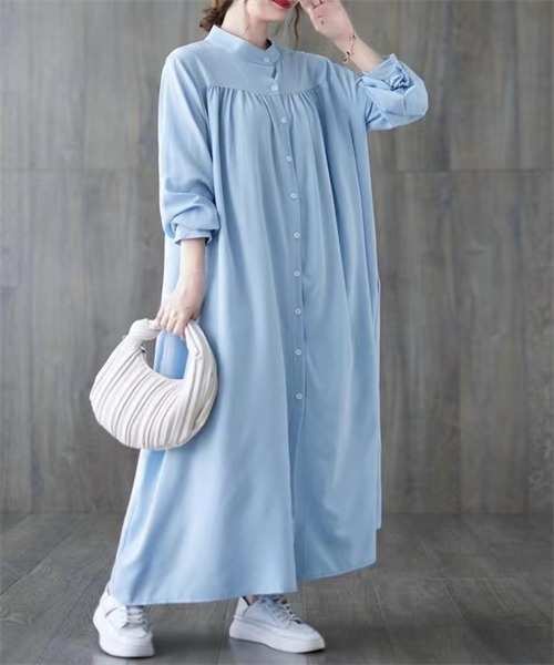 セール】バンドカラーマキシ丈シャツワンピース（シャツワンピース