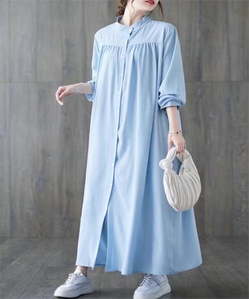 極美品 Max マキシ丈 ストレッチ シャツワンピース リボン 総柄