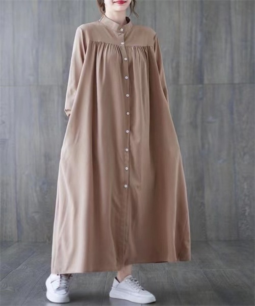 FREE STYLISTS（フリー スタイリスト）の「バンドカラーマキシ丈シャツワンピース（シャツワンピース・レディース・ブラック/グレー/ブラウン/ベージュ/ダークグリーン/ネイビー/ボルドー/ブルー・FREE）」の9枚目の写真