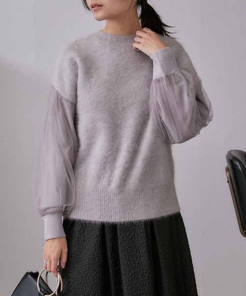 Lui's(ルイス)の「FOXEY 袖チュール重ねニットプルオーバー(ニット/セーター・レディース・ブラック/グレー/ピンク・FREE)」の5枚目の写真