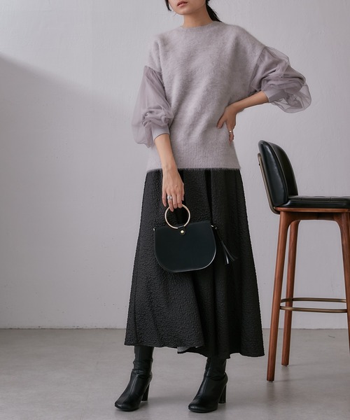 Lui's(ルイス)の「FOXEY 袖チュール重ねニットプルオーバー(ニット/セーター・レディース・ブラック/グレー/ピンク・FREE)」の8枚目の写真