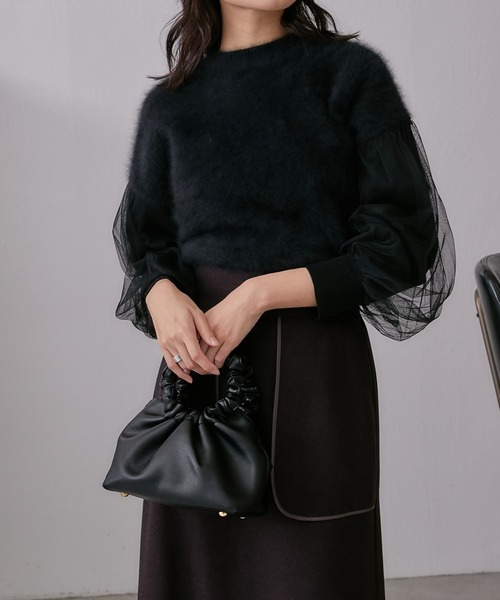 Lui's(ルイス)の「FOXEY 袖チュール重ねニットプルオーバー(ニット/セーター・レディース・ブラック/グレー/ピンク・FREE)」の4枚目の写真