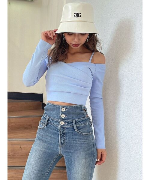 GYDA（ジェイダ）の「カシュクールオフショルショートトップス（Tシャツ/カットソー・レディース・ブラック/ライトブルー/オフホワイト・FREE）」の8枚目の写真