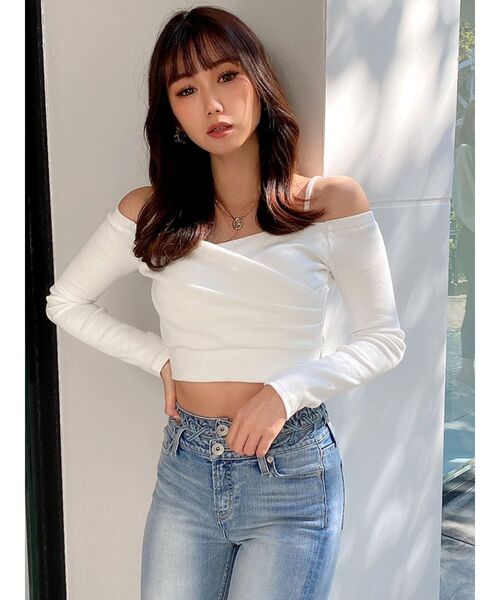 GYDAホワイトフィショルトップス ジェイダ GYDA サイドレースアップオフショルニットトップス