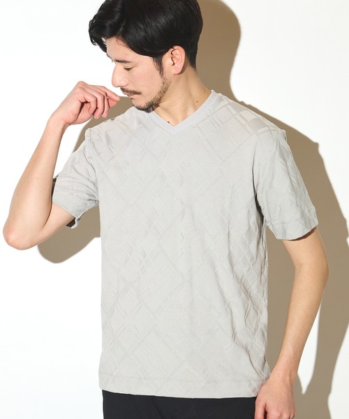 UNION STATION（ユニオンステーション）の「アーガイルリンクスジャガードVネックT（Tシャツ/カットソー・メンズ・ホワイト/ライトグレー/ネイビー・L/LL/M）」の2枚目の写真