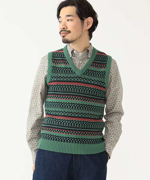 BEAMS PLUS(ビームスプラス)の「BEAMS PLUS / インディゴ ジャカード ニットベスト(ベスト・メンズ・グレー/グリーン/インディゴブルー/ナチュラル・X-LARGE/LARGE/MEDIUM/SMALL)」の9枚目の写真