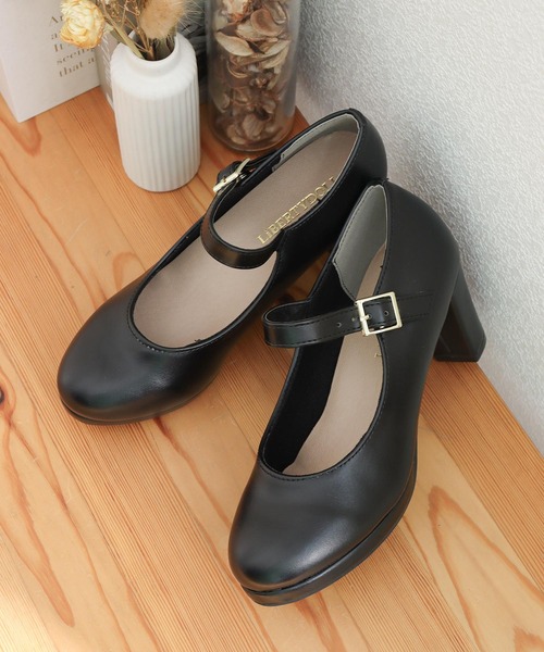 セール】6.5cmチャンキーヒールストラップ美脚パンプス