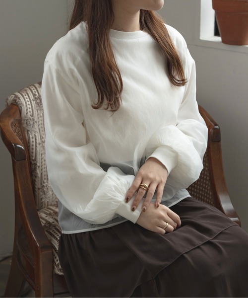 Ambre Ciel（アンブルシエル）の「シアーシフォンロンＴ／【WEB/EC限定商品】（Tシャツ/カットソー・レディース・オフホワイト/ダークブラウン・FREE）」の6枚目の写真