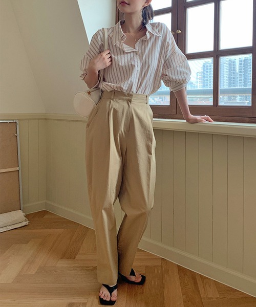 DAY CLOSET(デイ クローゼット)の「レディース ストライプ柄オーバーサイズラウンドヘムシャツ(シャツ/ブラウス・レディース・レッド・ONE SIZE)」の5枚目の写真