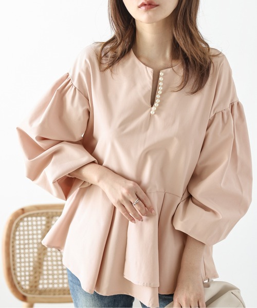 極美品✨パラスパレス　コットンシアーブラウス　プルオーバー　ベージュピンク×水色 極美品✨パラスパレス コットンシアーブラウス プルオーバー