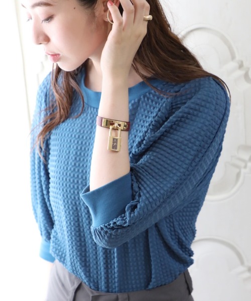 SETUP7（セットアップセブン）の「【SETUP7】ワッフルカットソー　清涼感 ひんやり素材　ぽこぽこ素材（Tシャツ/カットソー・レディース・ホワイト/ブルー/ブラック・FREE）」の4枚目の写真