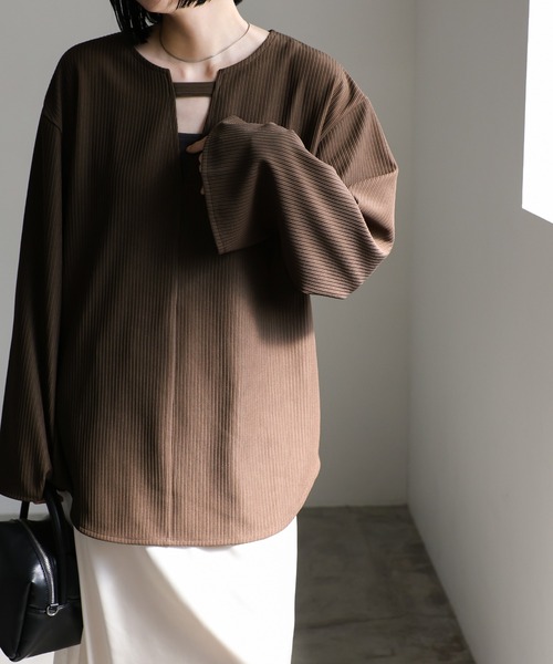 セール】キーネックリップルワイドスリーブトップス（Tシャツ