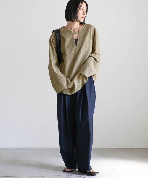 セール】キーネックリップルワイドスリーブトップス（Tシャツ