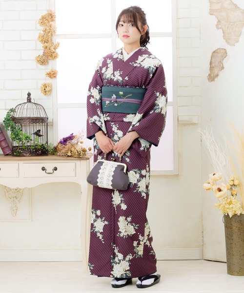 kimonomachi（キモノマチ）の「【完売】レディース 洗える着物4点セット 袷着物+京袋帯+帯揚げ＋帯締め  M/L サイズ　KIMONOMACHI オリジナル アフタヌーンティー（着物・レディース・ベージュ/ライトグレー/ブラウン/マルチ/ダークパープル/グリーン/パープル系その他/グレー×ホワイト/ブルーグリーン/ブラウン系その他/グリーン系その他/ピンクベージュ/プラム/ブルー系その他/レッドパープル・M/L）」の12枚目の写真