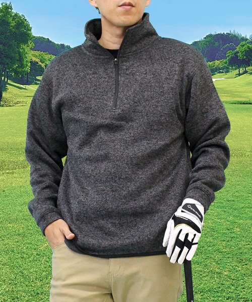 【デサントゴルフ】ハーフジップ ニット 肉厚 グレー Lサイズ メンズ TopIsm（トップイズム）の「ゴルフウェア 裏起毛ニットフリース ハーフ