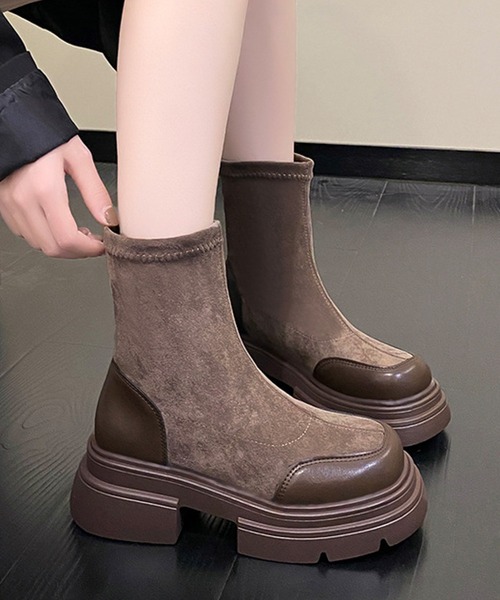 Lilamusant(リラミュゾン)の「【Lilamusant(リラミュゾン)】フェイクスエード スクエアトゥ 厚底ストレッチショートブーツ ソックスブーツ プラットフォー(ブーツ・レディース・ブラウン/ブラック・37/36/39/38)」の6枚目の写真
