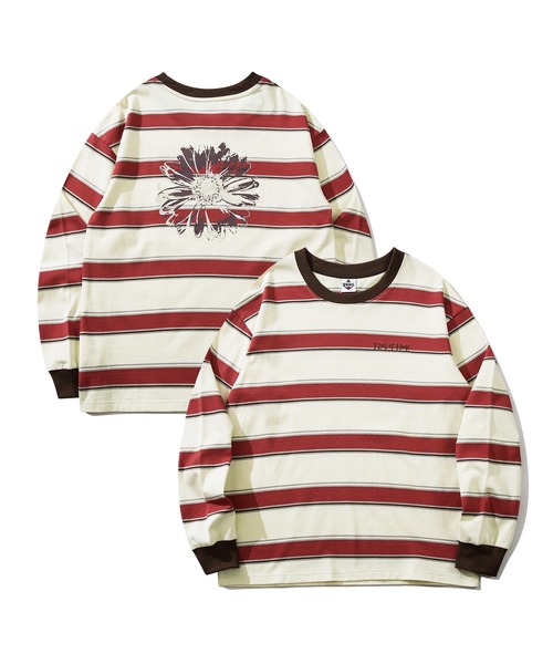 HOOK（フック）の「HOOK -original- ポップマーガレットプリントマルチボーダー長袖カットソー（Tシャツ/カットソー・メンズ・ブルー/ベージュ/ブラック/グリーン・M/L/XL）」の3枚目の写真