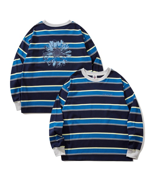 HOOK（フック）の「HOOK -original- ポップマーガレットプリントマルチボーダー長袖カットソー（Tシャツ/カットソー・メンズ・ブルー/ベージュ/ブラック/グリーン・M/L/XL）」の4枚目の写真