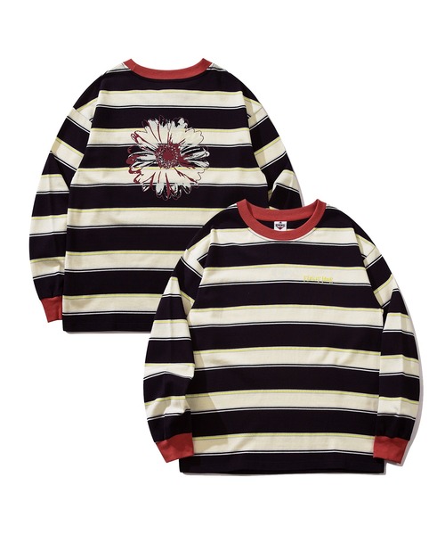 HOOK（フック）の「HOOK -original- ポップマーガレットプリントマルチボーダー長袖カットソー（Tシャツ/カットソー・メンズ・ブルー/ベージュ/ブラック/グリーン・M/L/XL）」の2枚目の写真