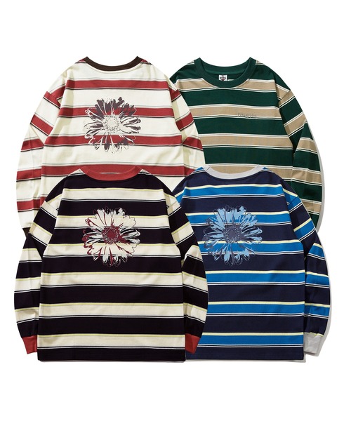 HOOK（フック）の「HOOK -original- ポップマーガレットプリントマルチボーダー長袖カットソー（Tシャツ/カットソー・メンズ・ブルー/ベージュ/ブラック/グリーン・M/L/XL）」の5枚目の写真