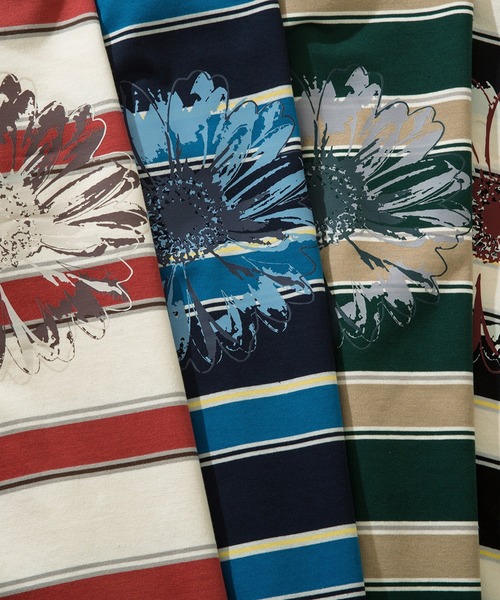 HOOK（フック）の「HOOK -original- ポップマーガレットプリントマルチボーダー長袖カットソー（Tシャツ/カットソー・メンズ・ブルー/ベージュ/ブラック/グリーン・M/L/XL）」の14枚目の写真