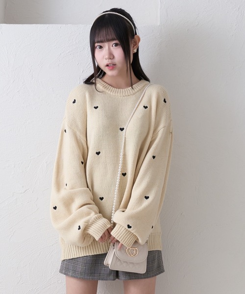 ニット セーター ハート刺繍ニットトップス レディース