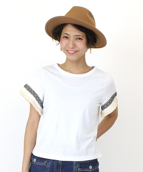 mystic（ミスティック）の「【mystic】袖ﾌﾚｱﾌﾘﾝｼﾞTｼｬﾂ（Tシャツ/カットソー・レディース・オフホワイト/ブラック/グレー/キャメル・FREE）」の2枚目の写真