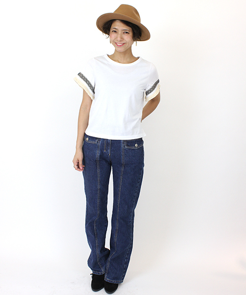 mystic（ミスティック）の「【mystic】袖ﾌﾚｱﾌﾘﾝｼﾞTｼｬﾂ（Tシャツ/カットソー・レディース・オフホワイト/ブラック/グレー/キャメル・FREE）」の6枚目の写真