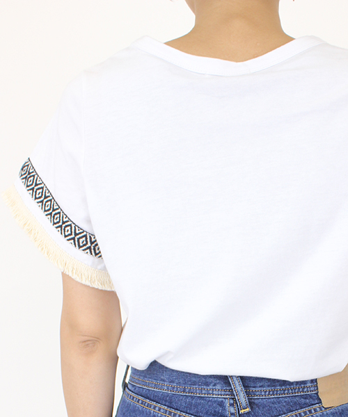 mystic（ミスティック）の「【mystic】袖ﾌﾚｱﾌﾘﾝｼﾞTｼｬﾂ（Tシャツ/カットソー・レディース・オフホワイト/ブラック/グレー/キャメル・FREE）」の10枚目の写真