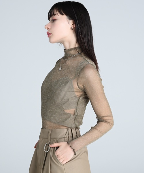 セール】high neck lame sheer tops / ハイネックラメシアートップス