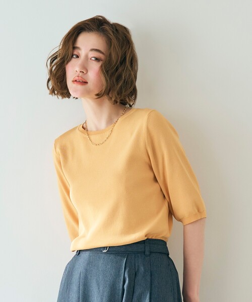 grove（グローブ）の「◆雑誌掲載【多機能】やわらかドライタッチ五分袖プルオーバー（ニット/セーター・レディース・イエロー/ネイビー/アイボリー/ブラック/ライトブルー/ブルーグリーン/アイボリー系2/ナチュラル/ブラック系2・02/03/01/04/05）」の9枚目の写真