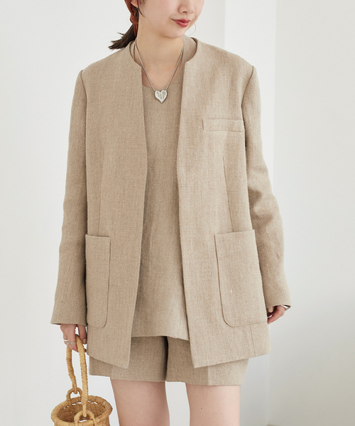 【美品】◎Plage◎R’IAMリネンノーカラージャケット セール】【R'IAM】リネンノーカラージャケット（ノーカラー