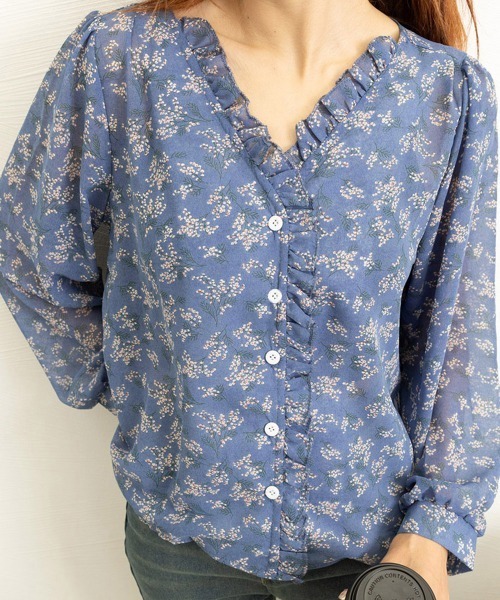 blugirl 花柄シースルー半袖ブラウス セール】襟フリル シースルー 花柄ブラウス 女性（シャツ