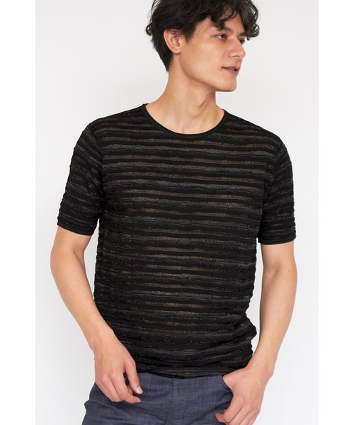 TORNADO MART（トルネードマート）の「ZERO by TORNADO MART∴ランダムタックボーダークルーネック半袖ニット（ニット/セーター・メンズ・ブラック/ホワイト・M/LL/L）」の2枚目の写真