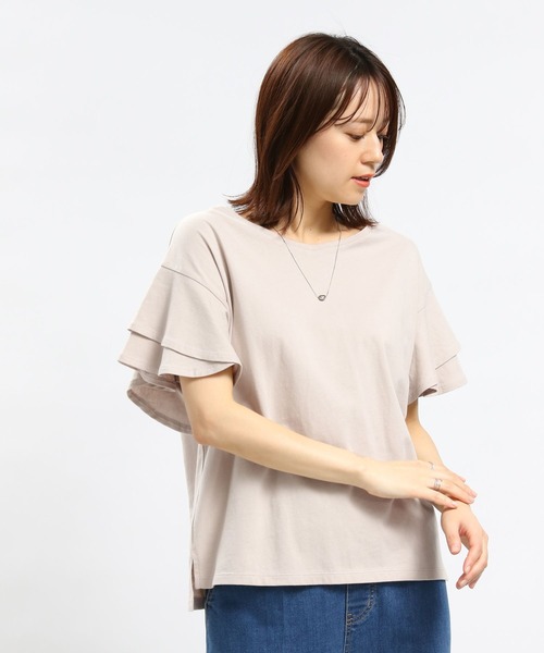 GLOBAL WORK Smile Seed Store（グローバルワーク スマイルシードストア）の「コットン袖2段フレアTシャツ/984094（Tシャツ/カットソー・レディース・サックスブルー/ライトベージュ/ブラック/ホワイト×ブラック/オフホワイト・X-LARGE/SMALL/MEDIUM/LARGE）」の4枚目の写真