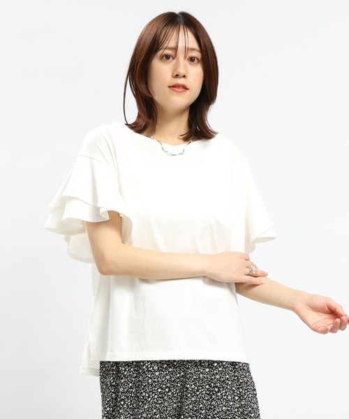 GLOBAL WORK Smile Seed Store（グローバルワーク スマイルシードストア）の「コットン袖2段フレアTシャツ/984094（Tシャツ/カットソー・レディース・サックスブルー/ライトベージュ/ブラック/ホワイト×ブラック/オフホワイト・X-LARGE/SMALL/MEDIUM/LARGE）」の2枚目の写真